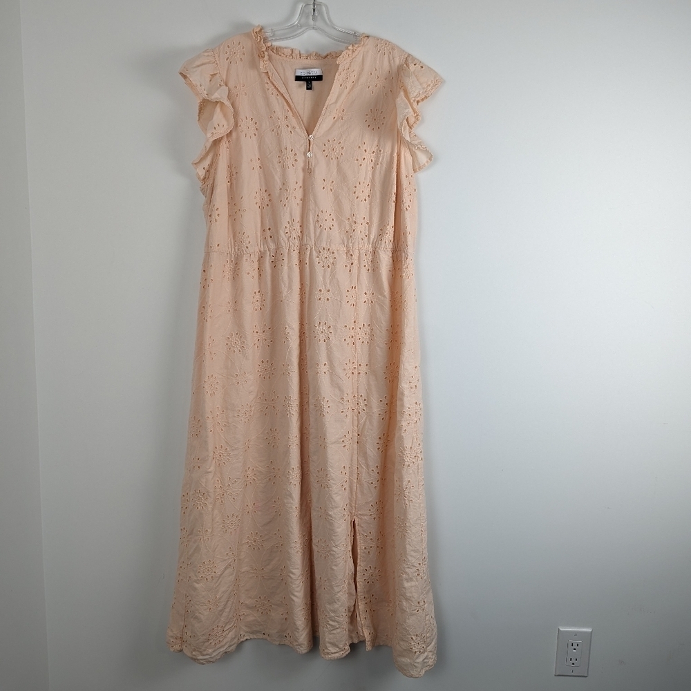 ELOQUII Elements Peach Eyelet Lace Maxi Dress Flutter Sleeve Size 24 100% Cotton